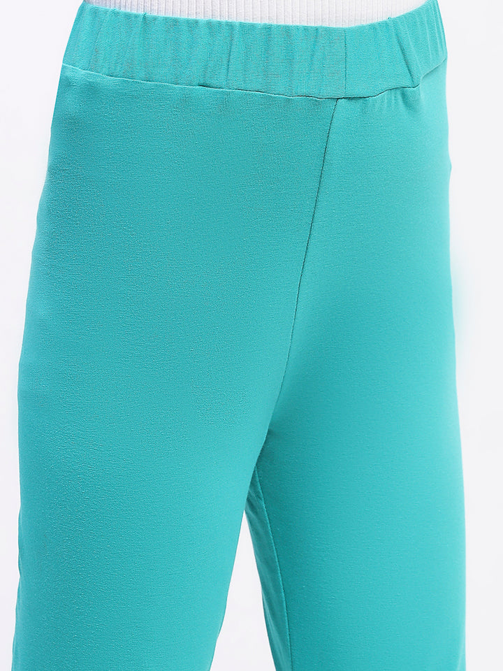 Girls Solid Green Cotton Leggings