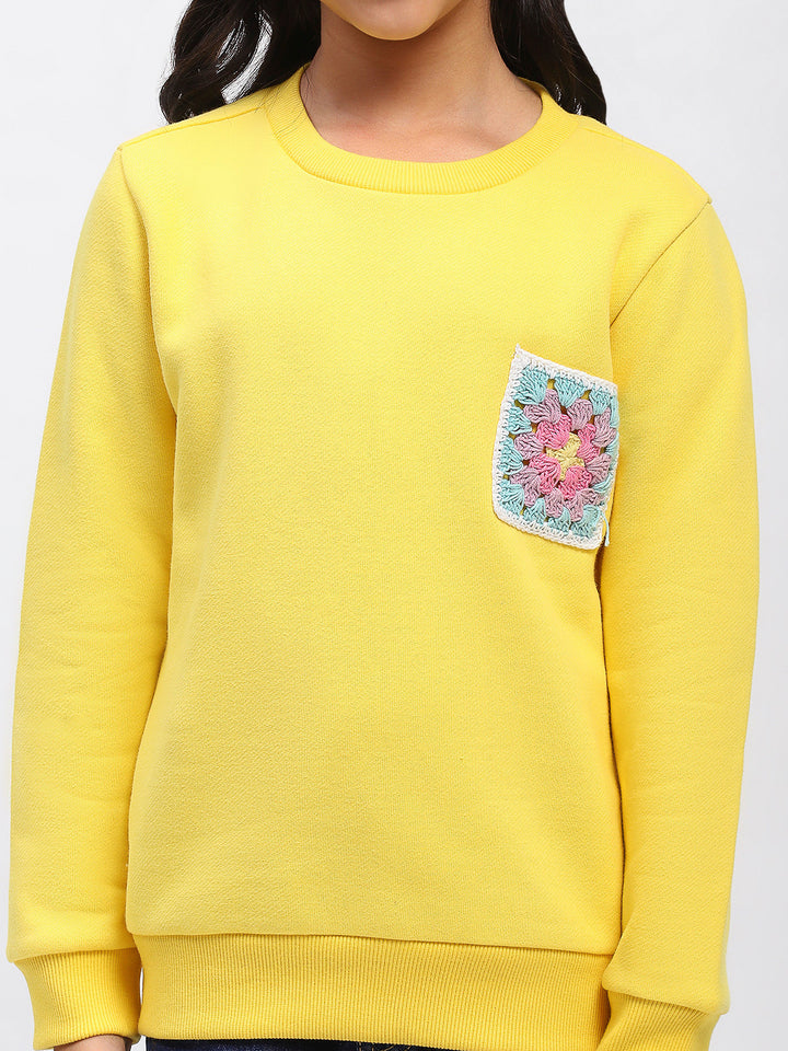 Girls Yellow Embroidered Floral Pocket Sweatshirt