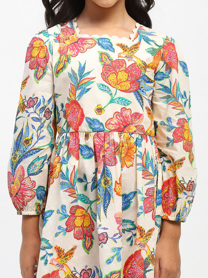 Girls MultiColor Collar Neck Floral Printed Dress