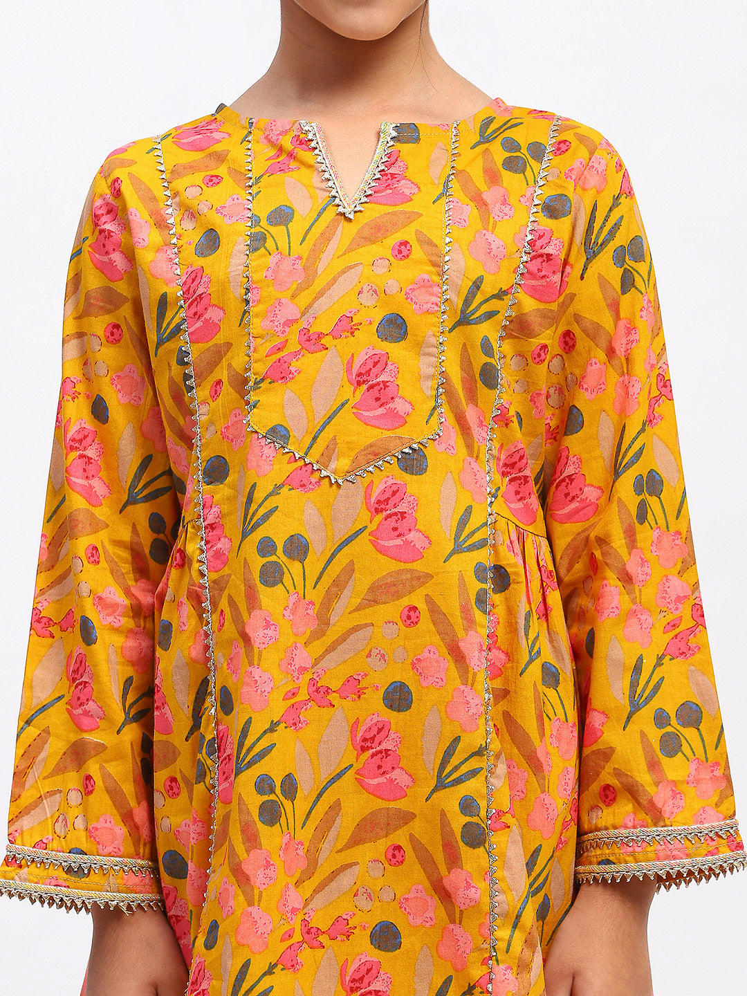 Girls Yellow Floral Print Ethnic Kurta and Palazzo Set
