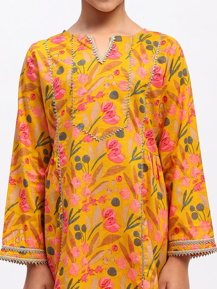 Girls Yellow Floral Print Ethnic Kurta and Palazzo Set