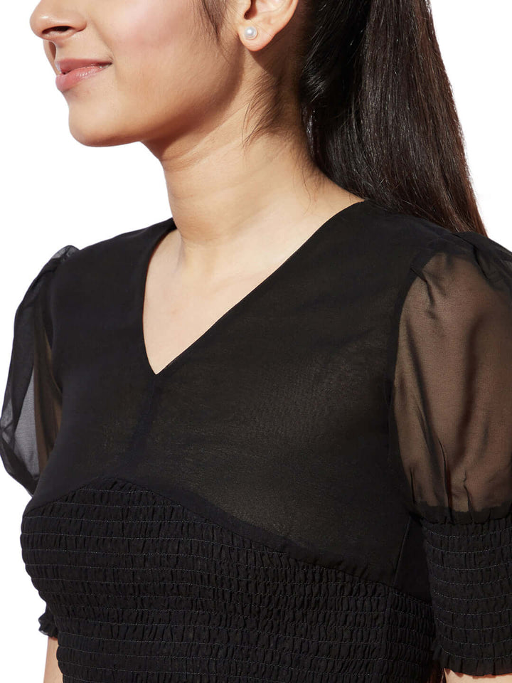 Black Swan Puff Sleeve Crop Top with White-Black Printed Skirt