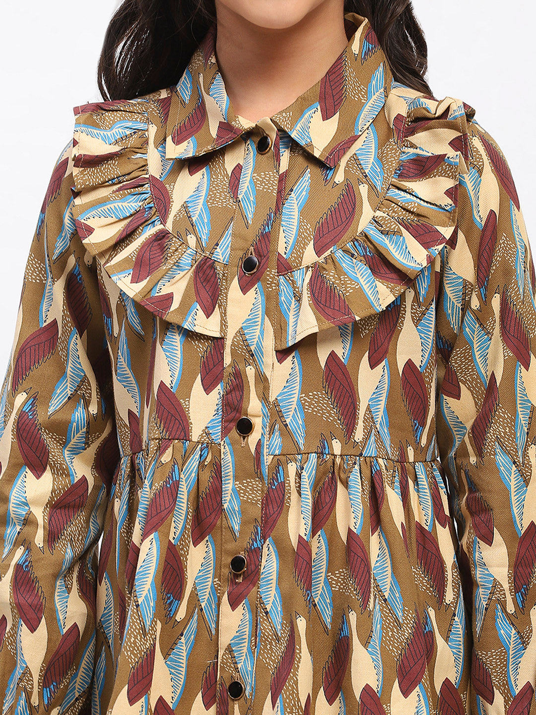Girls Brown Abstract Print Fit and Flare Dress