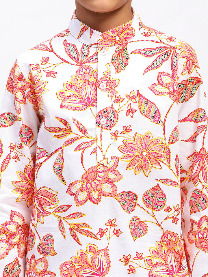 Boys Cotton Floral Print  Ethnic Kurta Pajama Set