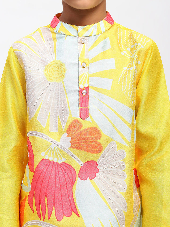 Boys Yellow Cotton Printed Ethnic Kurta Pajama Set