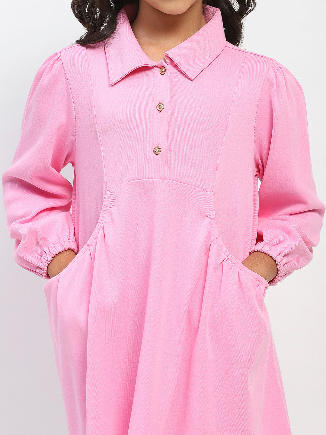Girls Cotton Pink Polo Neck Pleated Dress