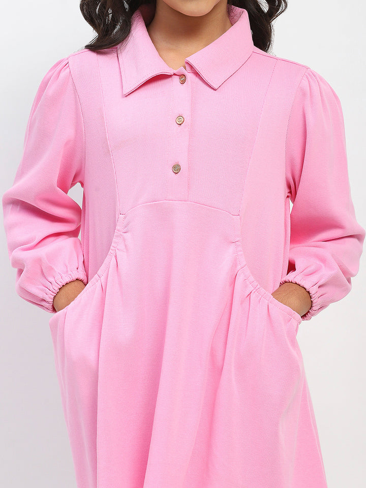 Girls Cotton Pink Polo Neck Pleated Dress
