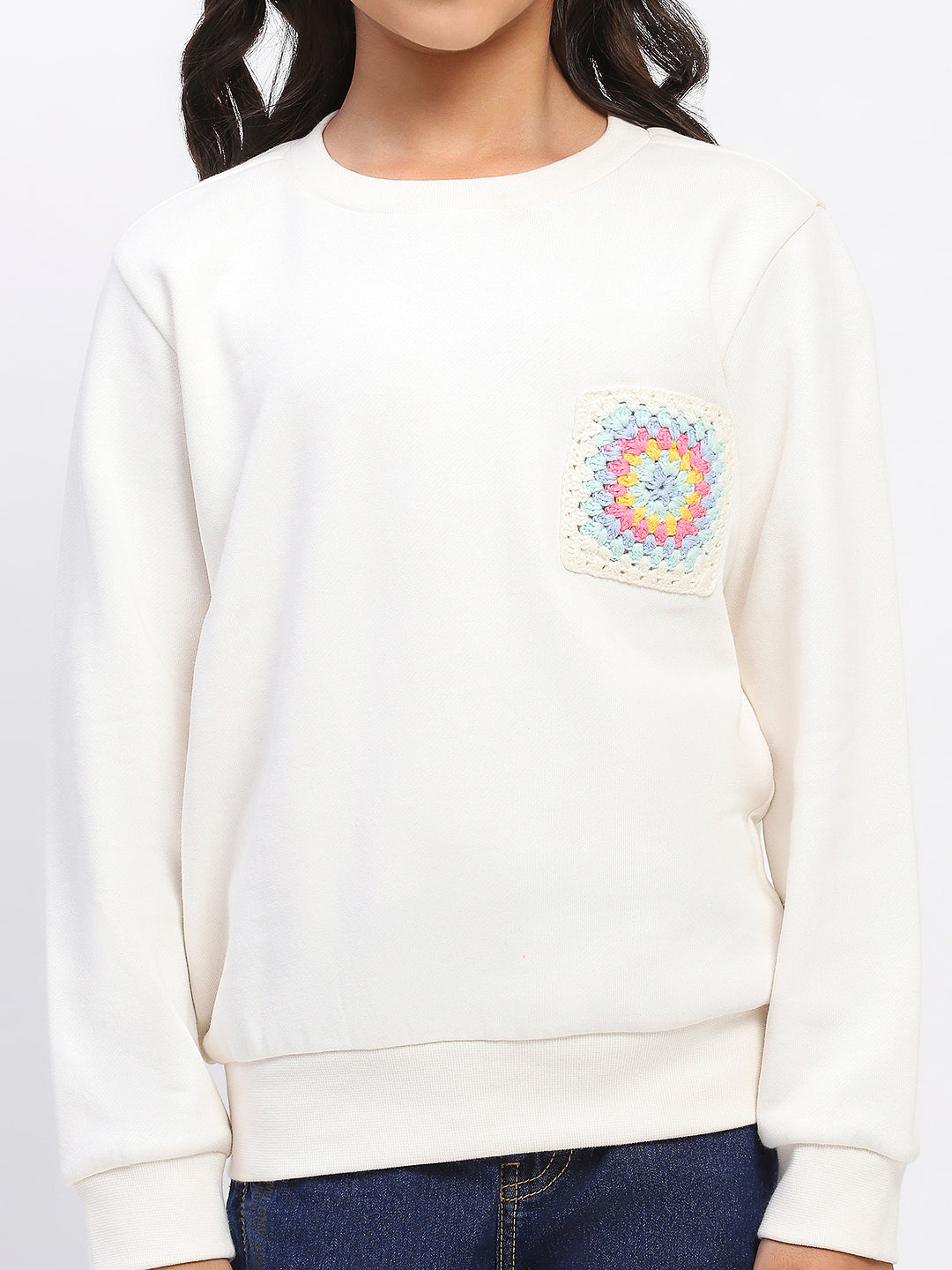 Girls White Embroidered Floral Pocket Sweatshirt