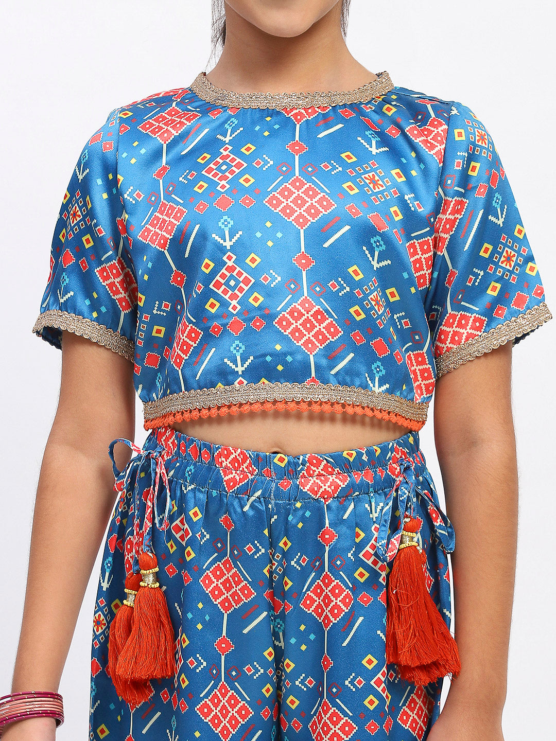 Girls Blue Printed Ethnic Top and Palazzo Set