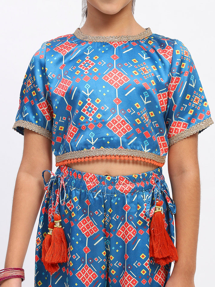 Girls Blue Printed Ethnic Top and Palazzo Set