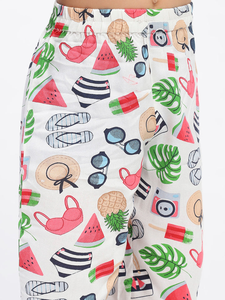 Boys White Collar Neck Printed Nightwear Co-Ord Set