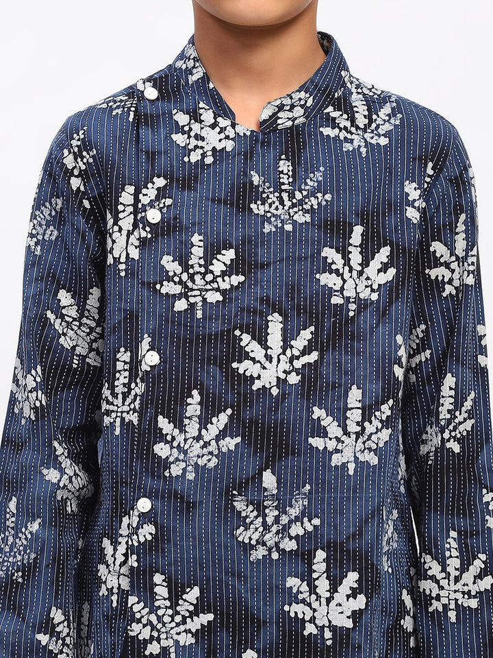 Boys Blue Cotton Printed Ethnic Kurta Pajama Set