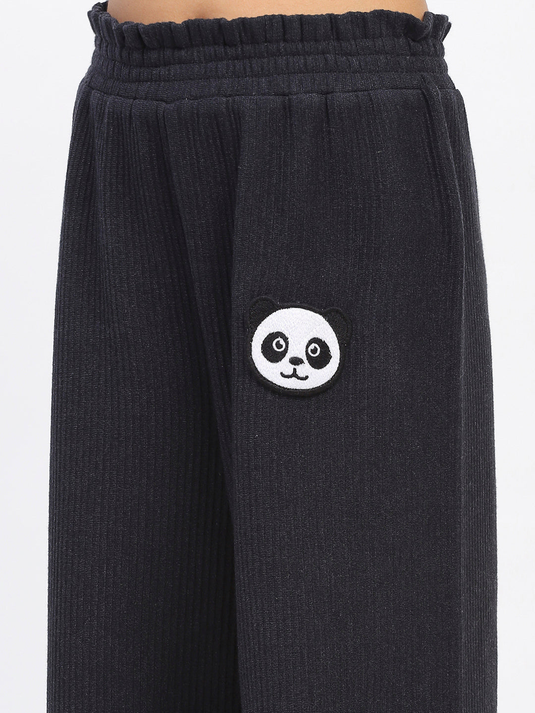 Girls Black Wide-Leg Pants with Panda Patch