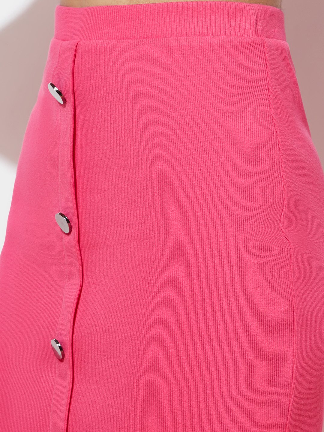 Stretch Ribbed Button Pink Skirt
