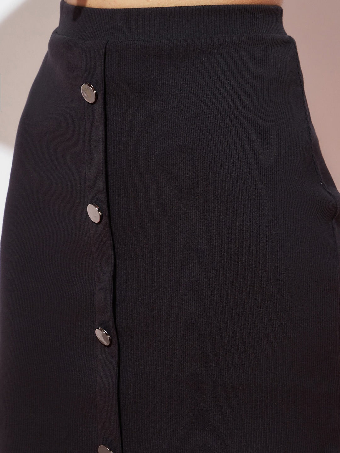 Stretch Ribbed Black Button Skirt