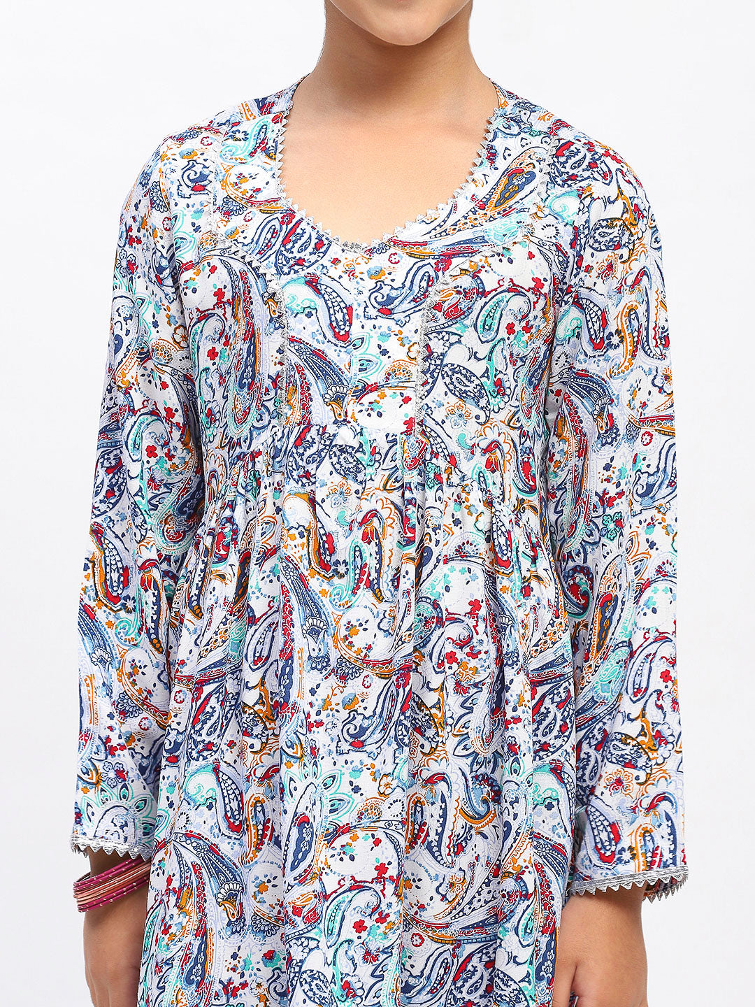 Girls Full Sleeve Paisley Print Ethnic Kurta and Bottom Set