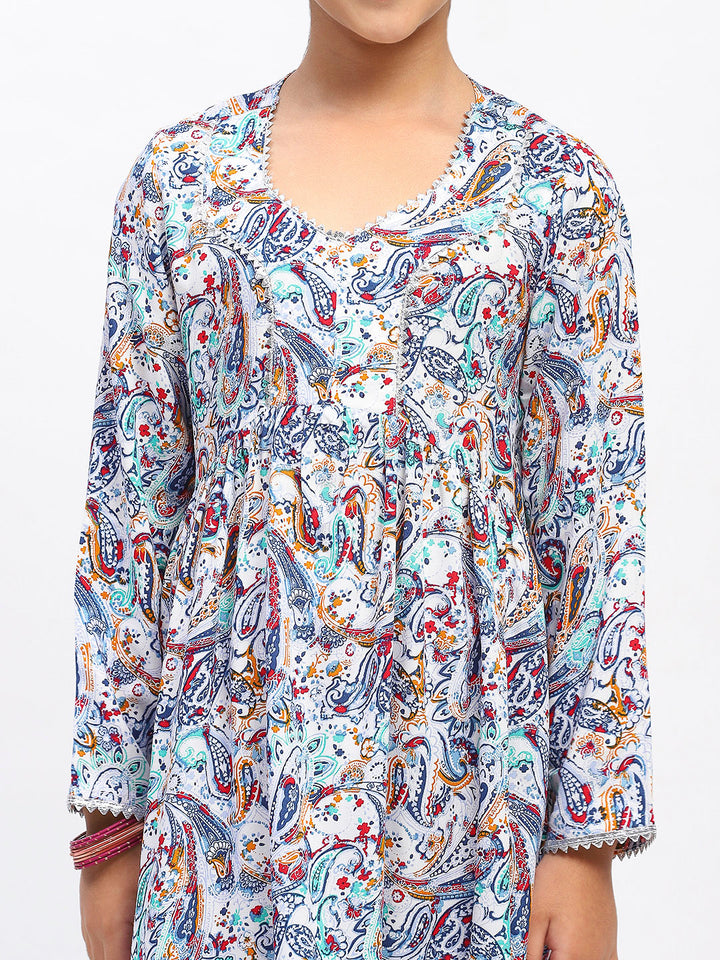 Girls Full Sleeve Paisley Print Ethnic Kurta and Bottom Set
