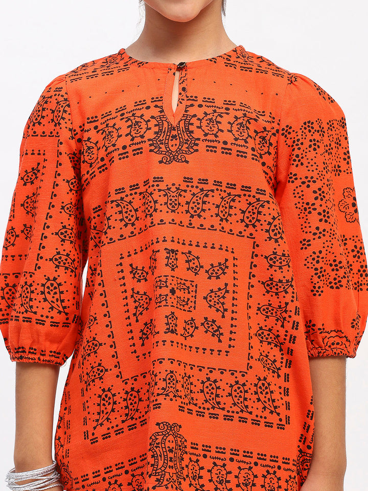 Girls Orange Cotton Tribal Print Ethnic Kurta & Pant Set