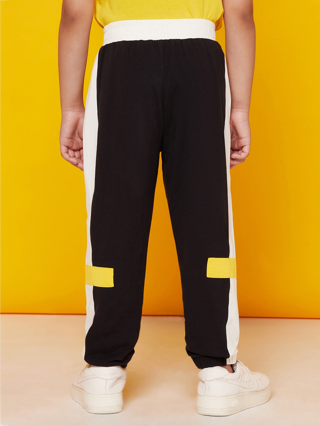 Kid Boys Yellow T Shirt with Black Joggers and White Stripe Set Spunkies