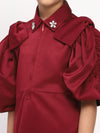 Girl's Maroon Collared Pleated Tulle Cap Sleeve Dress