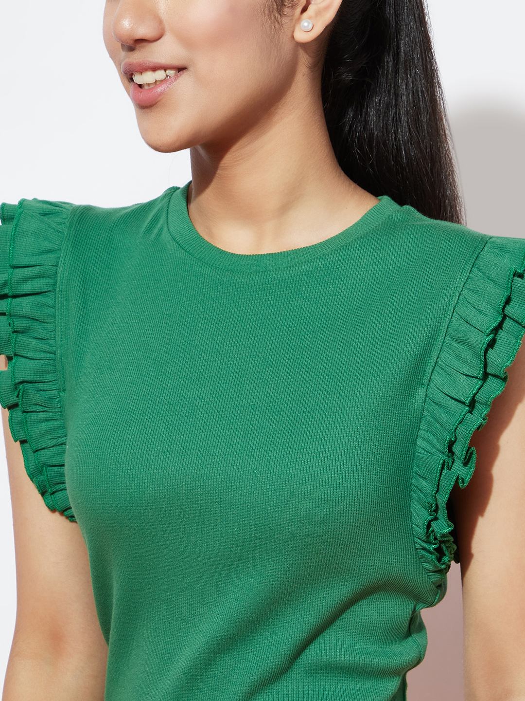 Green Ribbed Set with Ruffle Sleeve Details