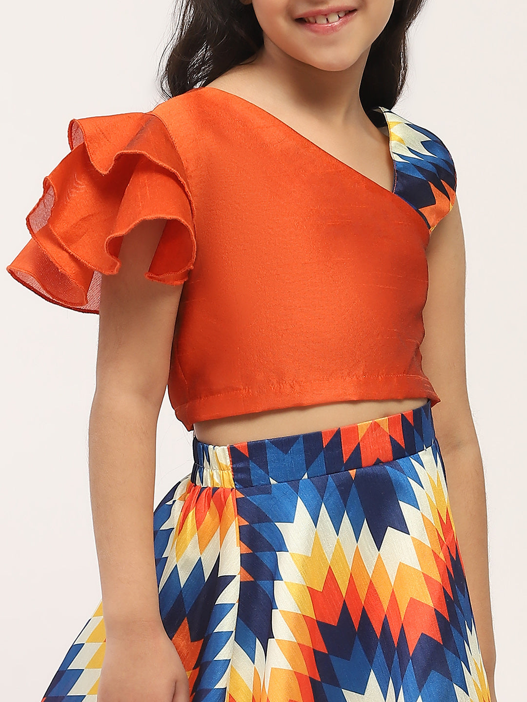 Spunkies Girls Orange and Blue Printed Lehenga with One-Shoulder Frilled Blouse Set