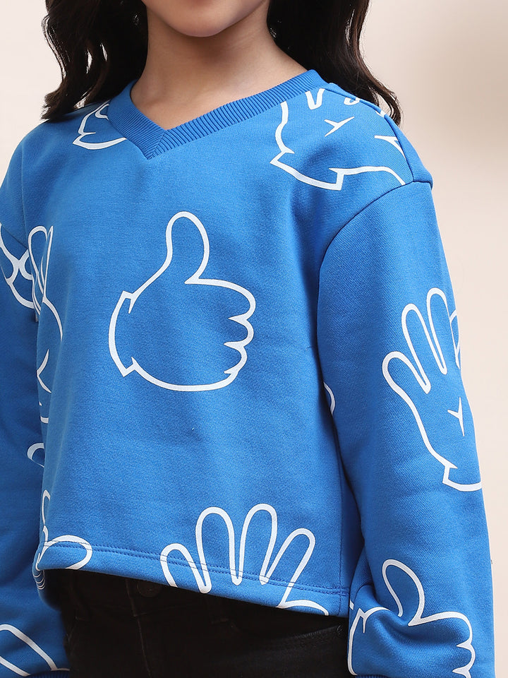 Girls Blue Thumbs-Up and Hand-Print Sweatshirt