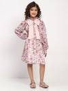 Girls Rose Pink Floral Printed Bishop Sleeves Bow Dress