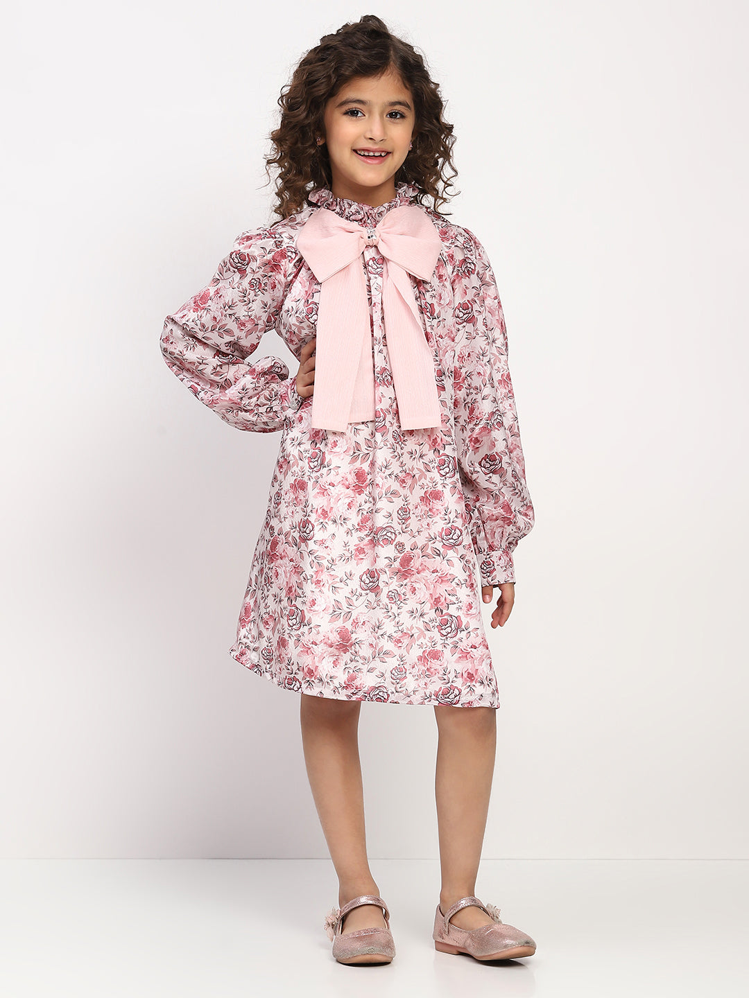 Girls Rose Pink Floral Printed Bishop Sleeves Bow Dress