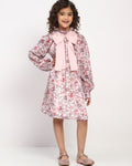 Girls Rose Pink Floral Printed Bishop Sleeves Bow Dress
