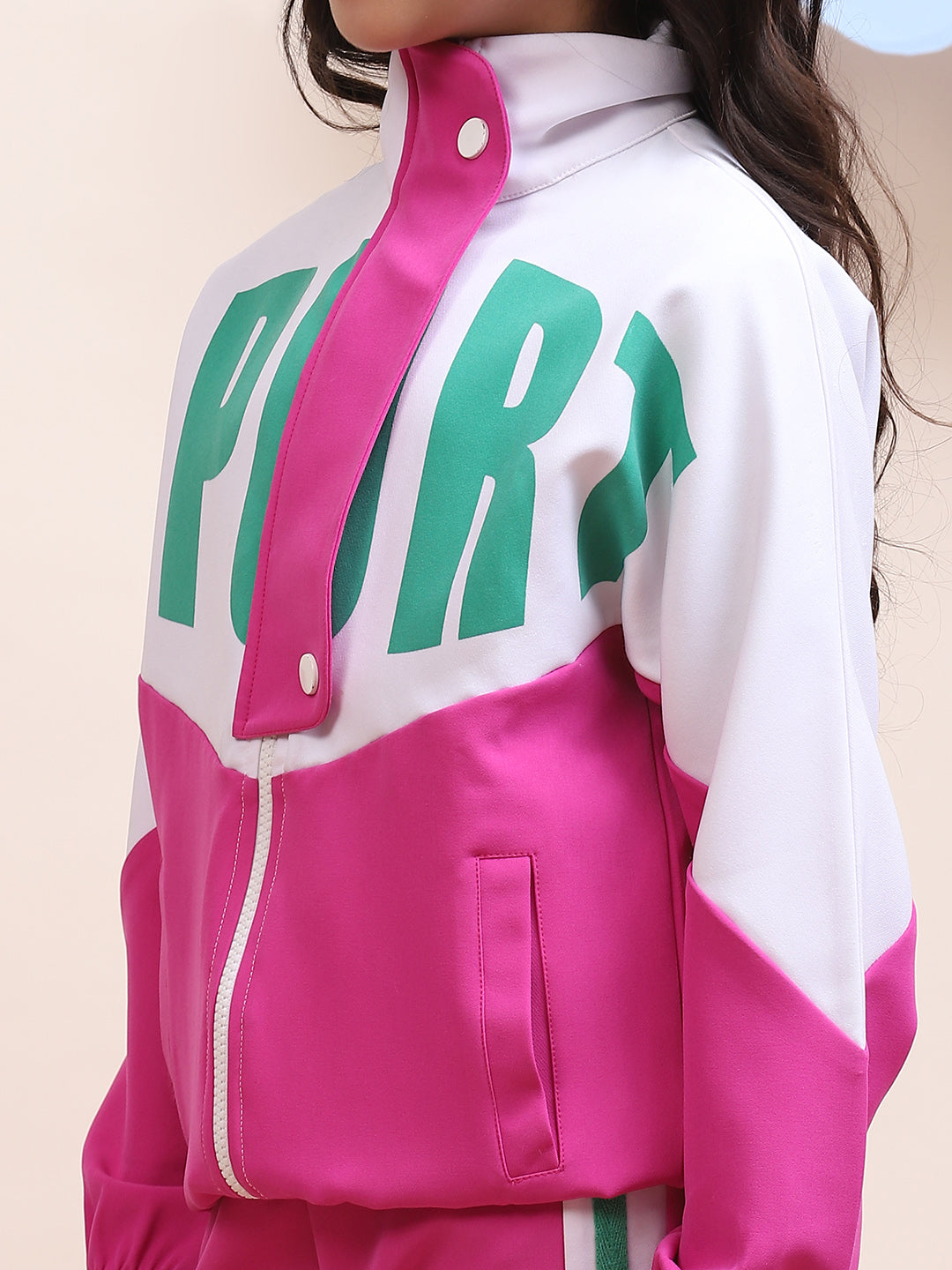 Girls Colorblock Pink & White Sport Tracksuit Set