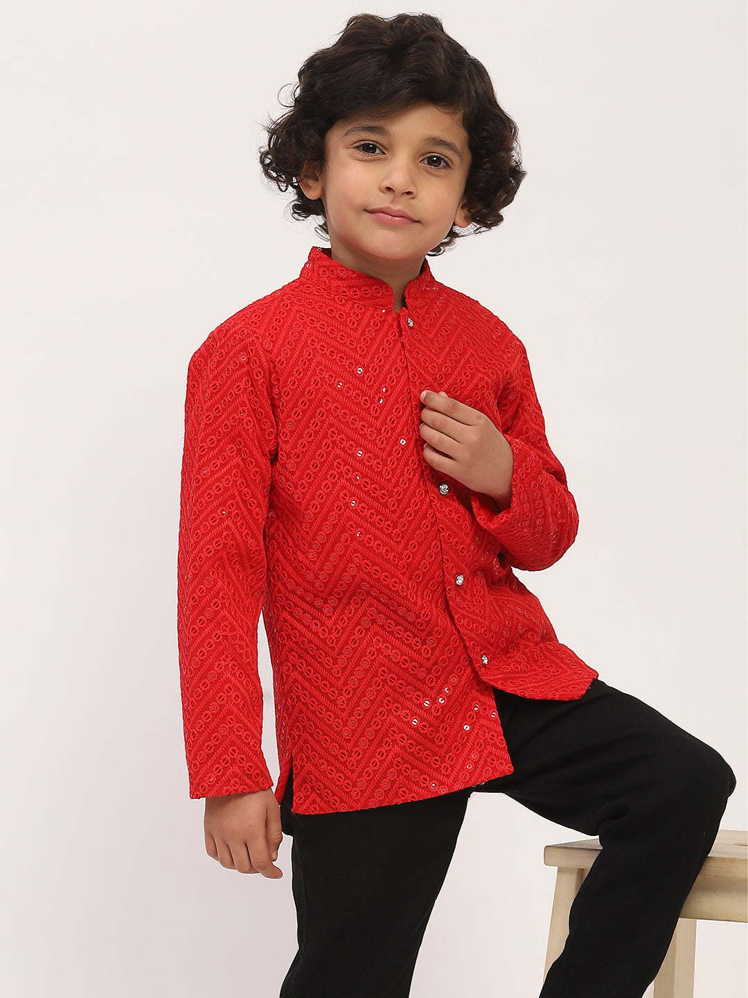 Spunkies Red Sequin Jacket with Mandarin Collar