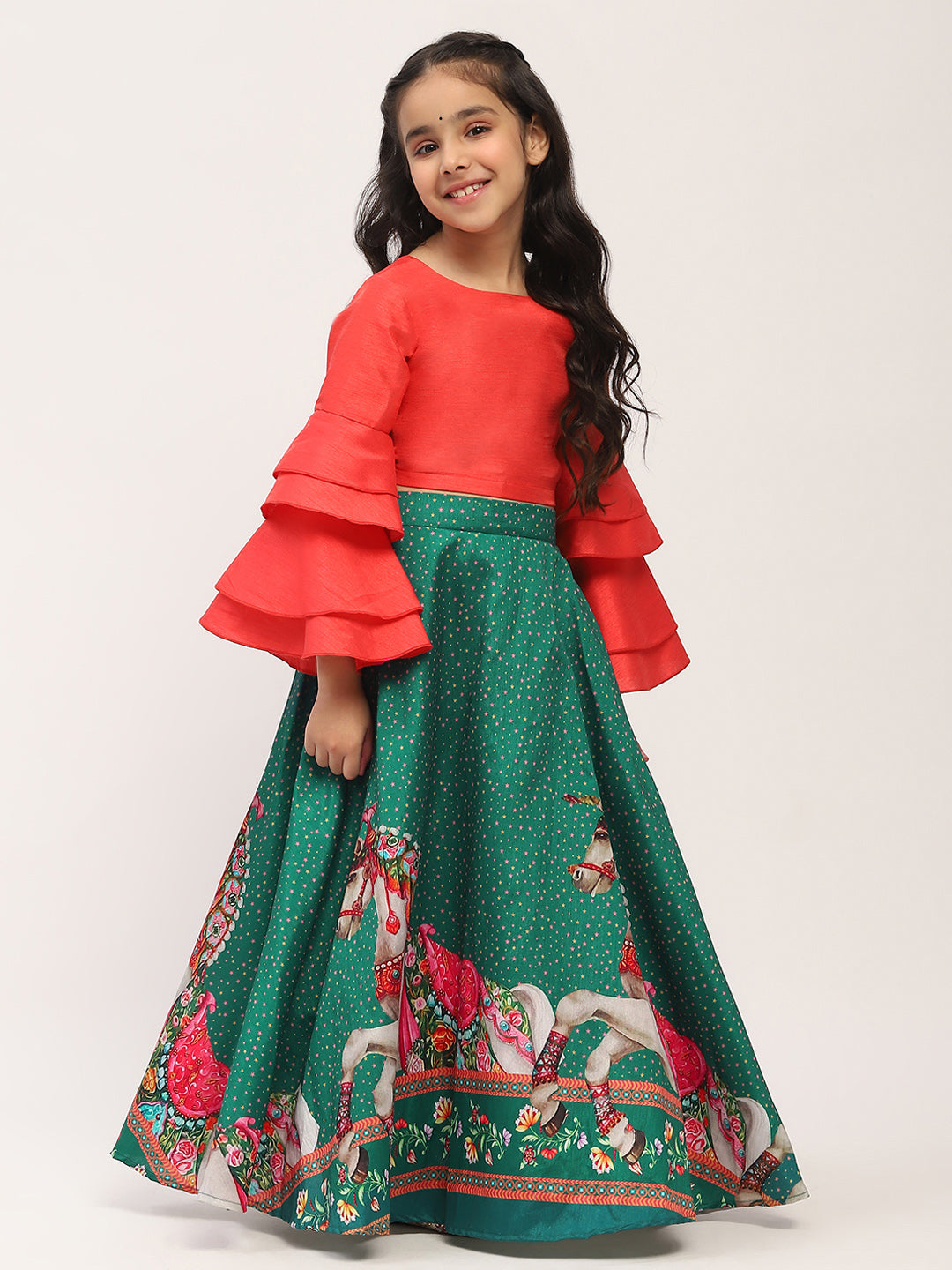 Spunkies Girls Green Printed Lehenga with Orange Bell-Sleeve Top Set