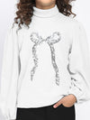 Girl's White Ribbed Puff Sleeve Sequin Bow Top