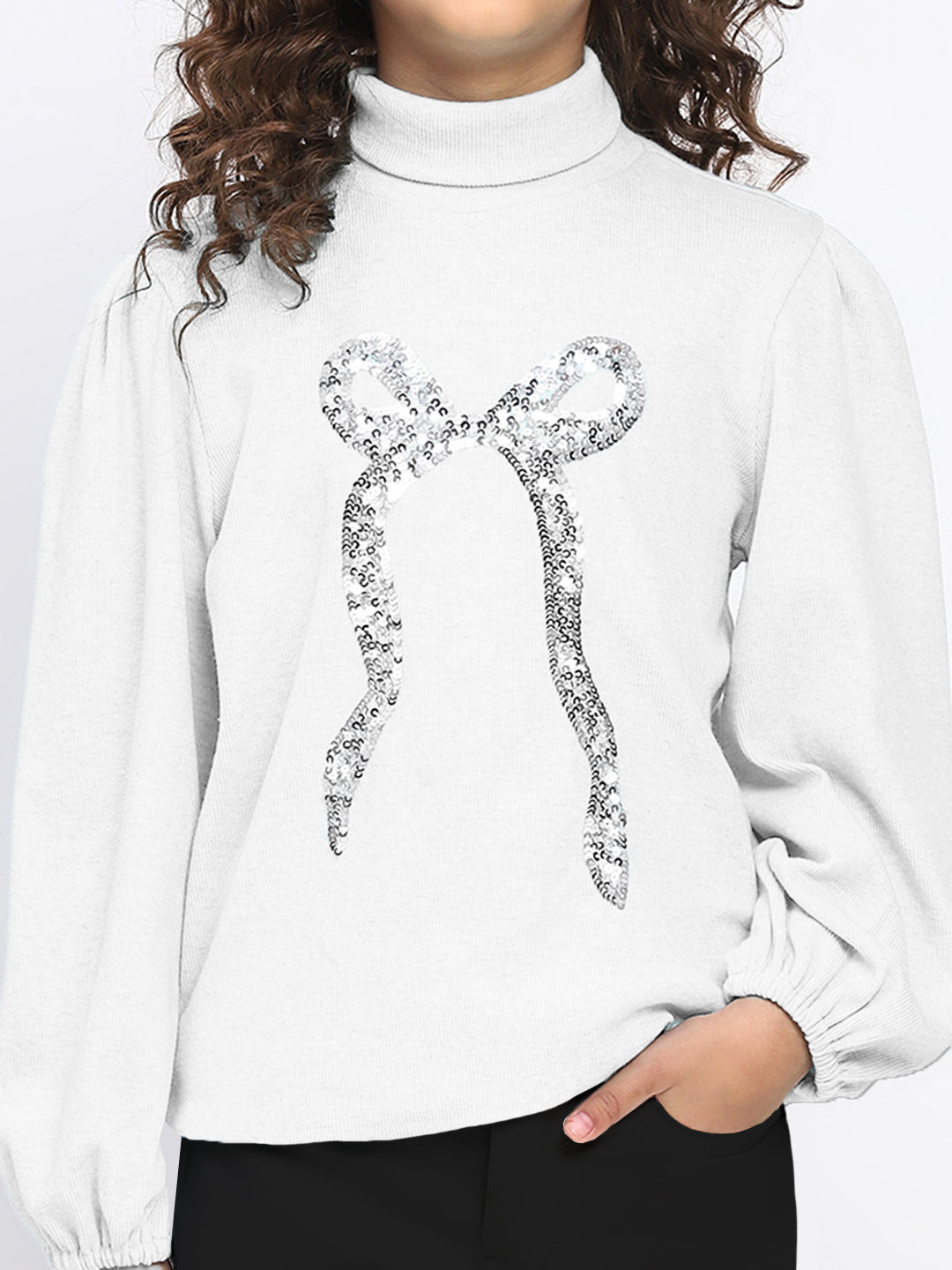 Girl's White Ribbed Puff Sleeve Sequin Bow Top