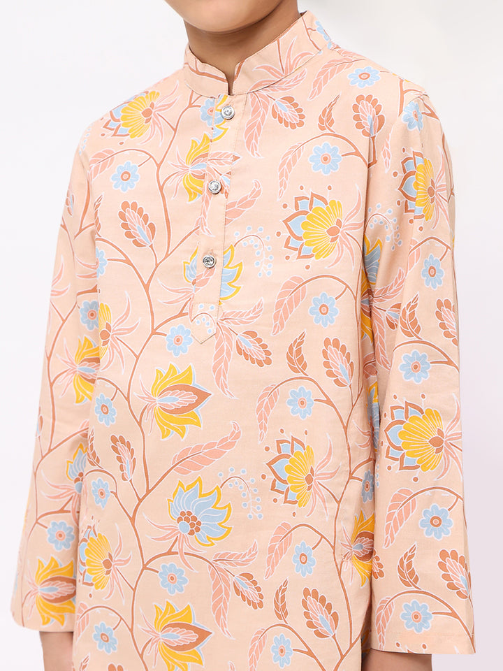Boys Peach Floral Printed Ethnic Kurta Set