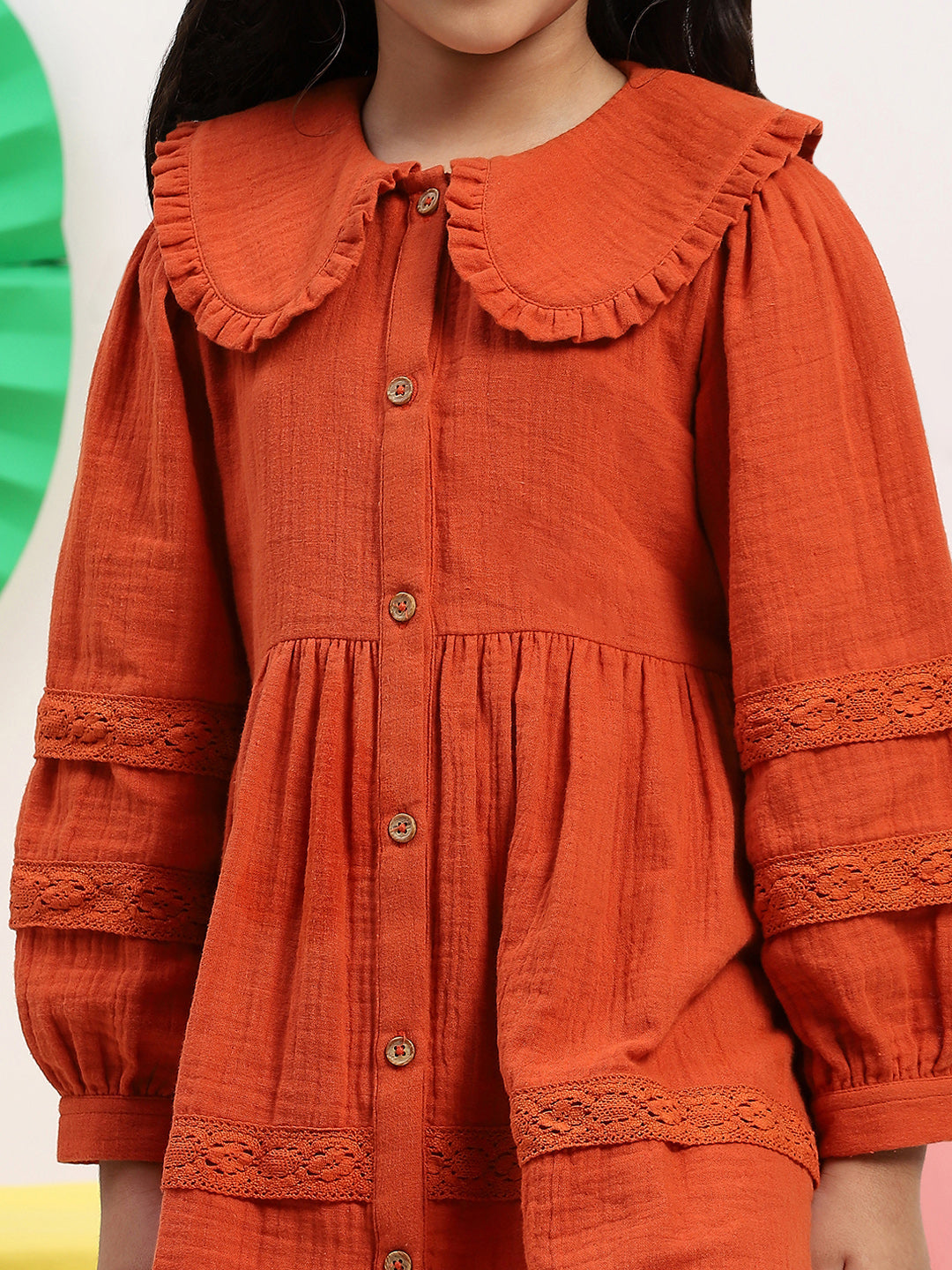 Girls' Rust Button-Down Dress with Ruffled Collar