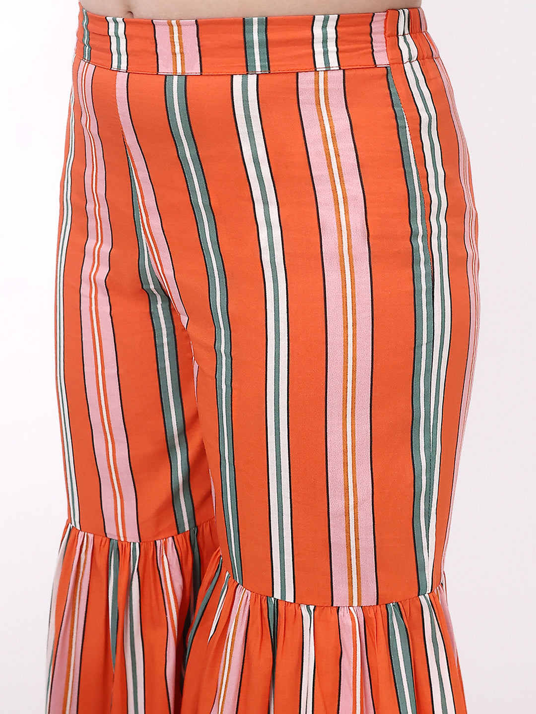 Girls Orange Stripe Ethnic kurti and sharara Set