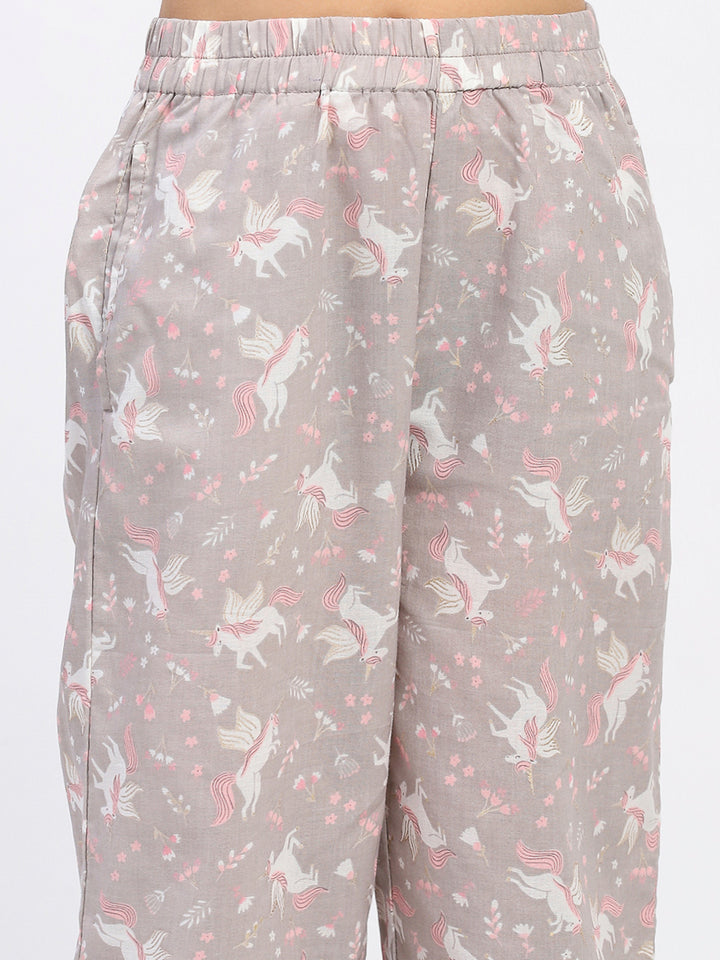 Girls Grey Printed Night Suit Shirt & Pyjama Set