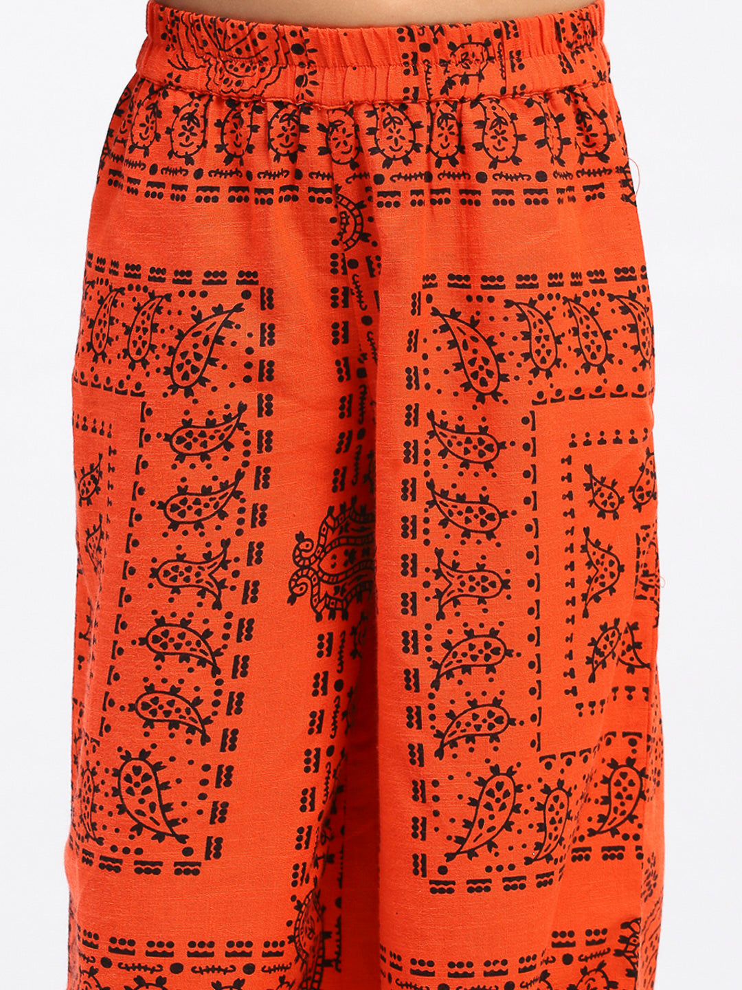 Girls Orange Cotton Tribal Print Ethnic Kurta & Pant Set
