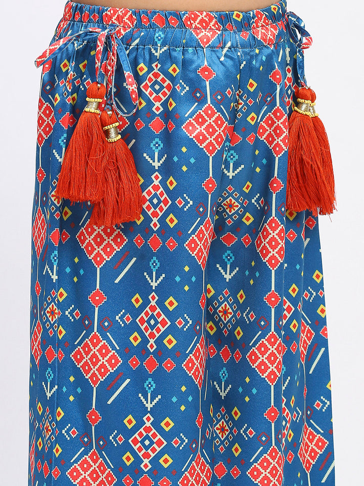 Girls Blue Printed Ethnic Top and Palazzo Set