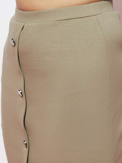 Ribbed Olive Crew Neck Crop-Top and Pencil Skirt Set