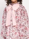 Girls Rose Pink Floral Printed Bishop Sleeves Bow Dress
