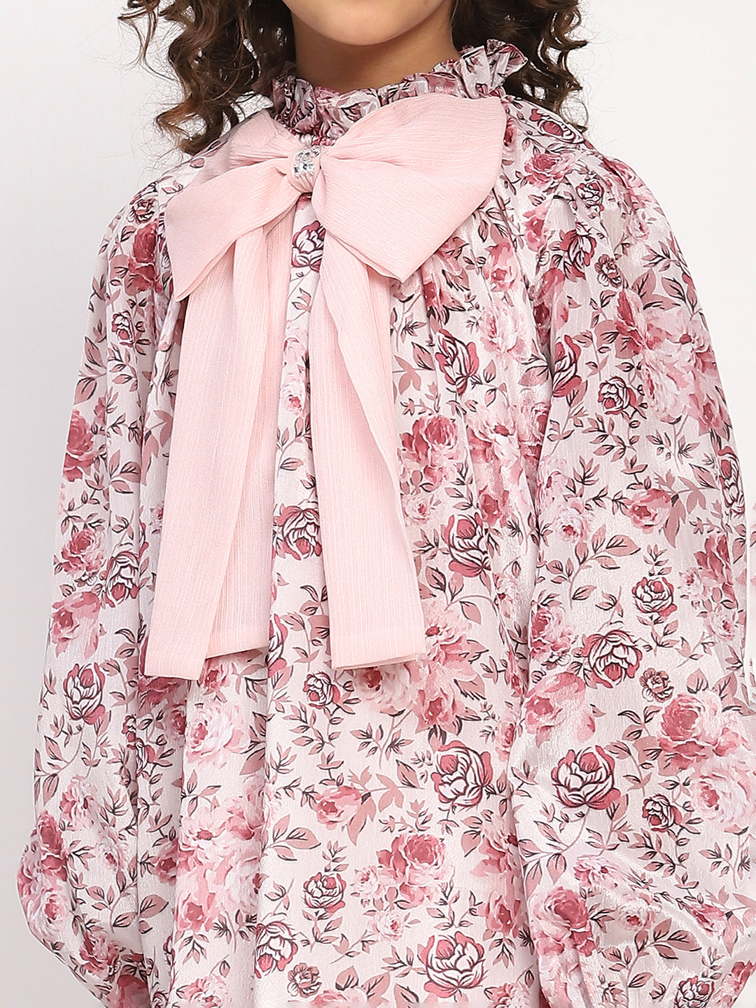 Girls Rose Pink Floral Printed Bishop Sleeves Bow Dress