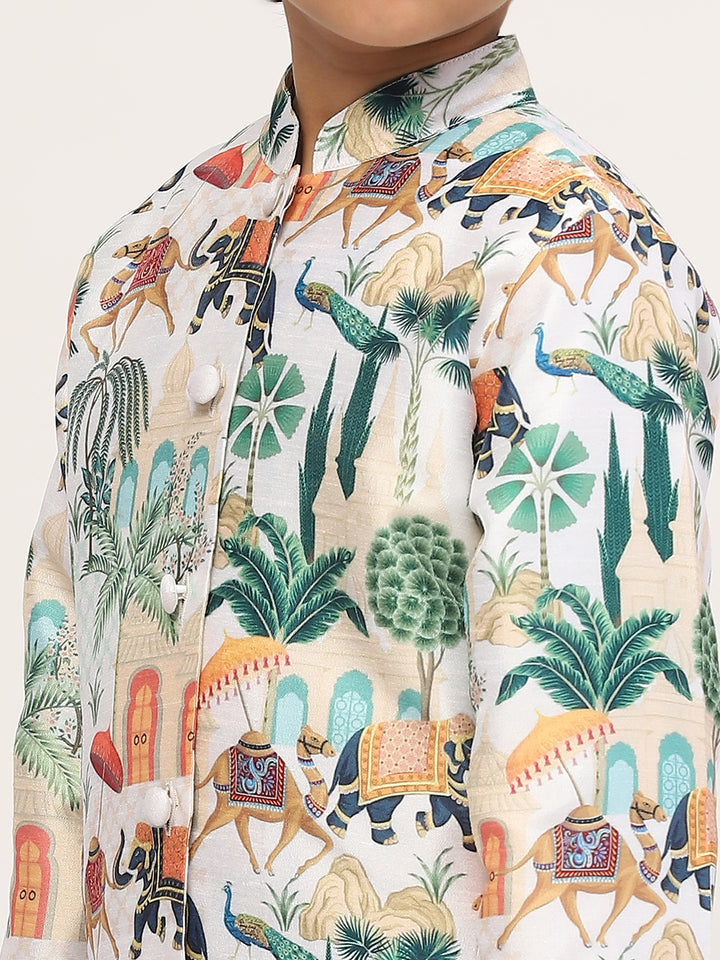 Spunkies White  Elegant Floral Printed Kids Ethnic Jacket