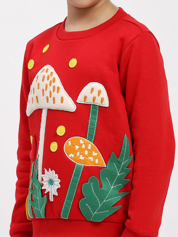 Spunkies Cotton Fleece Knit Padded Mushroom Embroidered Red Full Sleeves Girls Sweatshirt
