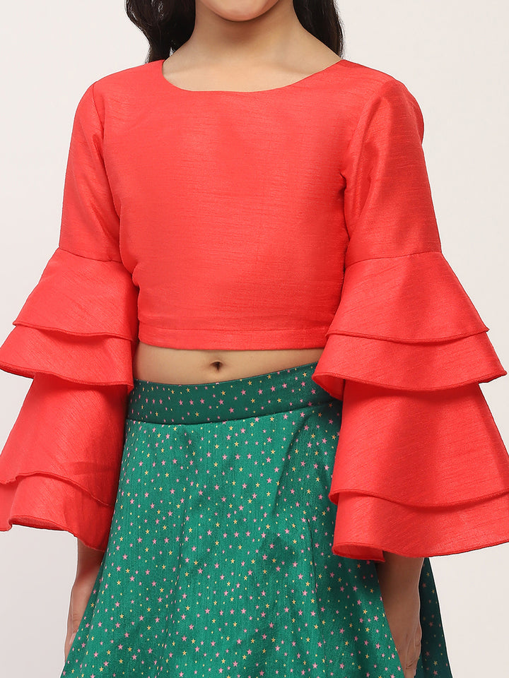 Spunkies Girls Green Printed Lehenga with Orange Bell-Sleeve Top Set