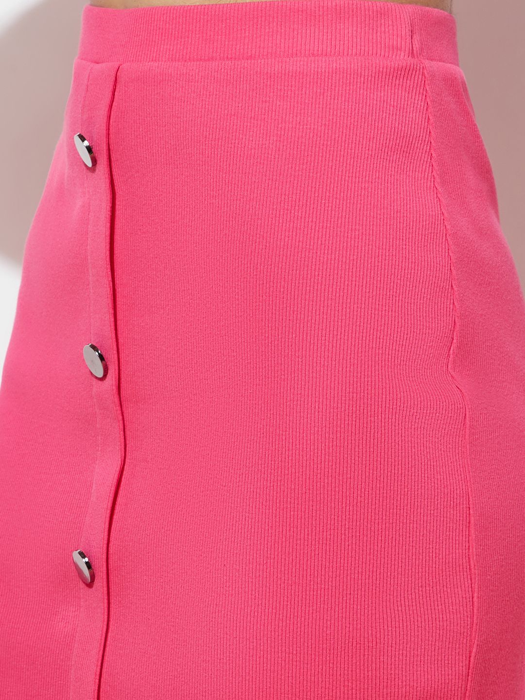 Crew-Neck Ribbed Bright Pink Crop Top and Skirt Set with Button Detail