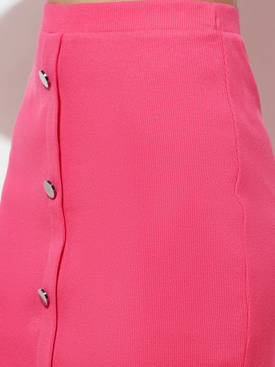 Crew-Neck Ribbed Bright Pink Crop Top and Skirt Set with Button Detail