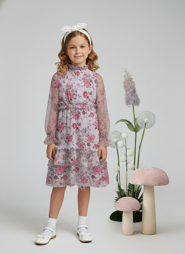 Girls Grey Floral Organza Party Ruffles Dress